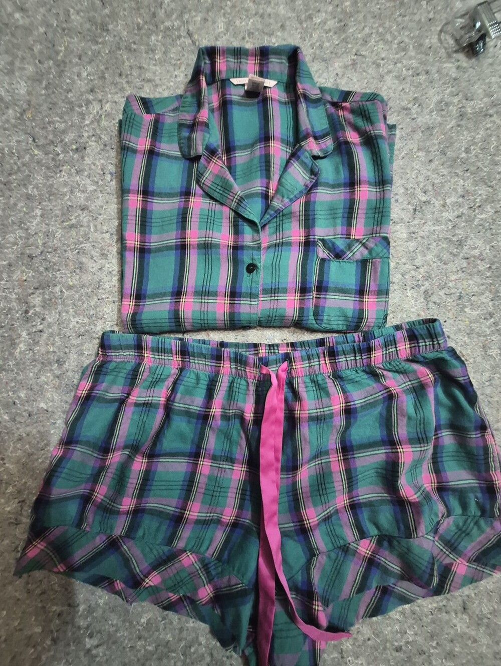 Victoria's Secret Plaid Pajama Short Set L Green Pink Cotton Modal 2pc
